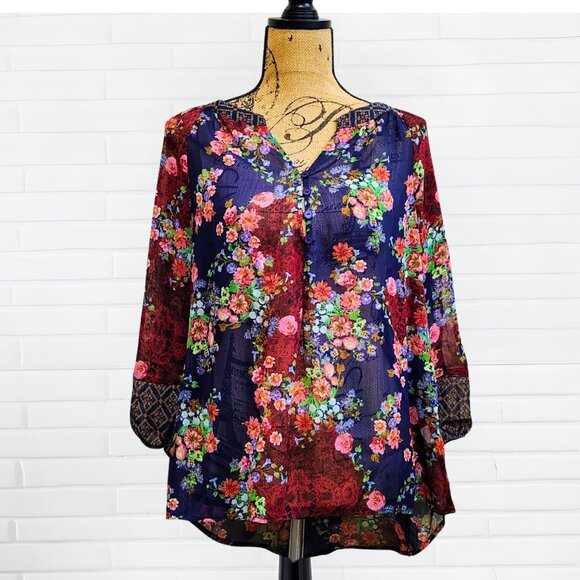 Fig & Flower Sheer Floral Boho Button Front Blouse (Like Figueroa & Flower) - Picture 1 of 11